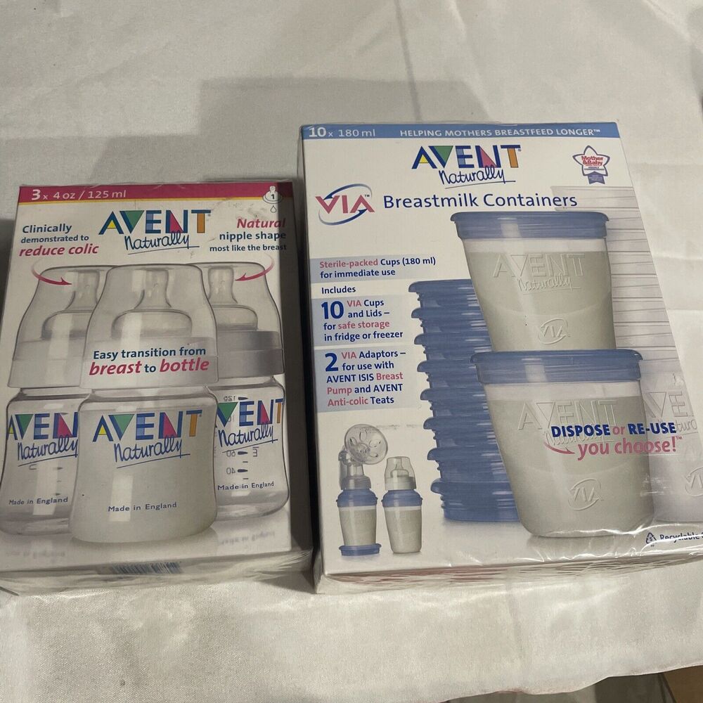Vintage Avent Naturally New Baby Clear Bottle 4 Oz (3) &Breast Milk Containers